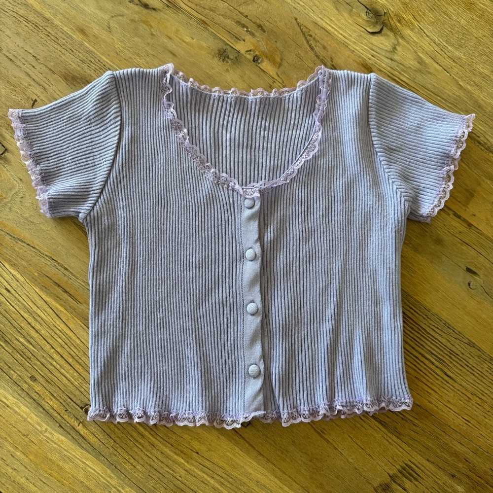 Lavender Crop Top Ribbed Button-Up Top
